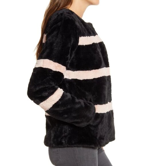 Rachel Parcell Stripe Faux Fur Jacket Black Pink Smoke S - Picture 3 of 13